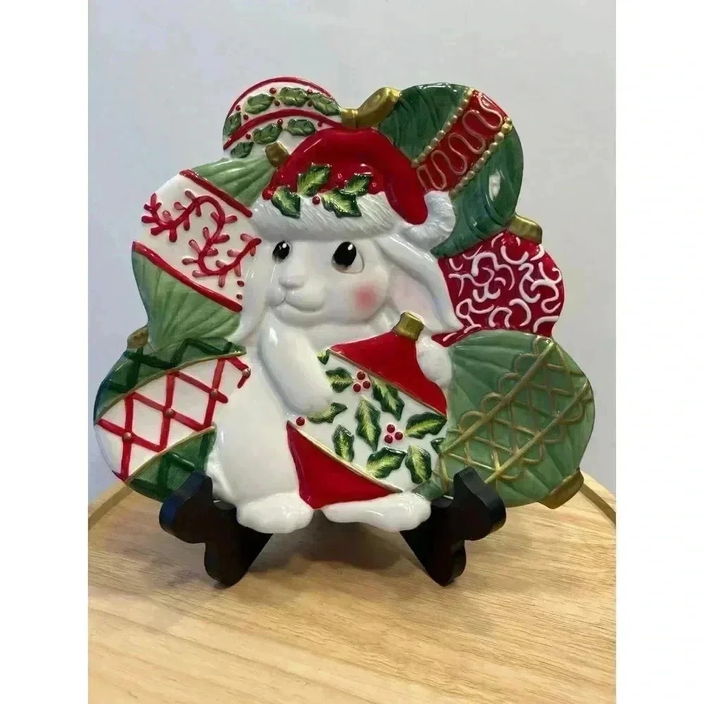 Fitz and Flyod 2004 Essentials Canape Plate Christmas Bunny Blossoms Serveware